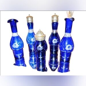 Set of 5 Bohemian Cut To Clear Blue Cobalt glass  Curet Set One Cover Missing